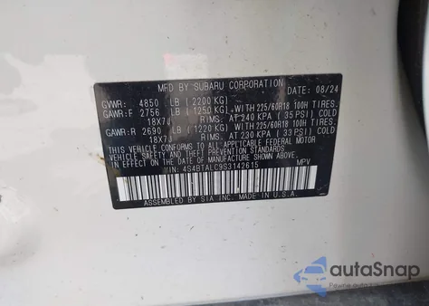 2025 Subaru Outback Onyx Edition z USA, uszkodzony, nr VIN 4S4BTALC9S3142615